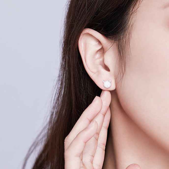 "Opal Meow" Platinum-Plated 925 Sterling Silver Cat Ear Stud Earrings – Iridescent & Adorable