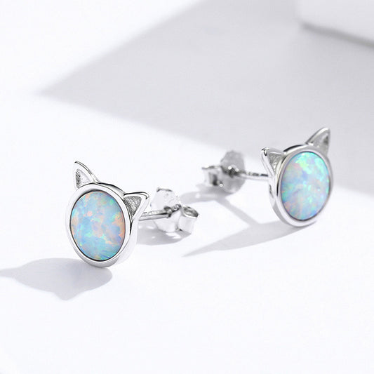 "Opal Meow" Platinum-Plated 925 Sterling Silver Cat Ear Stud Earrings – Iridescent & Adorable