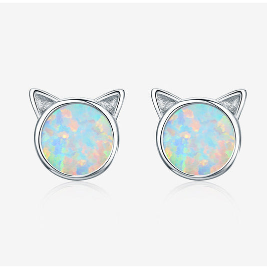 "Opal Meow" Platinum-Plated 925 Sterling Silver Cat Ear Stud Earrings – Iridescent & Adorable