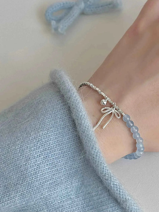 "Cool Blue Elegance" 925 Sterling Silver Blue Gemstone Bracelet with Bowknot - Chilly Chic, Ins Style, Unique Design.