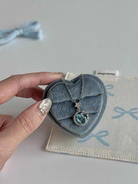 "Starry River Tranquility" Blue Star and Moon Pendant Necklace - Unique, Gentle, and Cool Chic in 925 Sterling Silver.