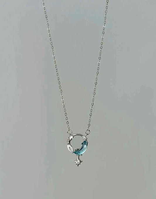 "Ice Moon Lake" 925 Sterling Silver Blue Star and Moon Pendant Necklace - Cool, Ethereal, and Unique.