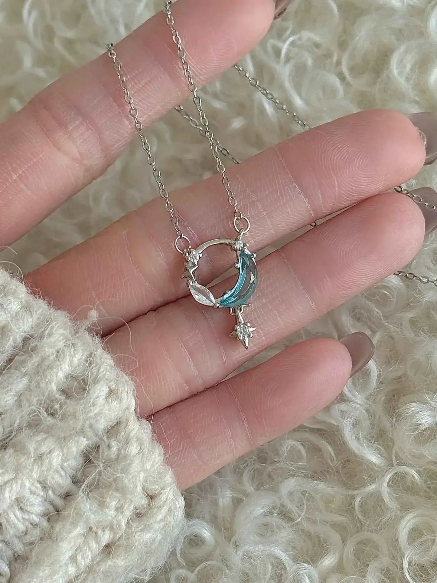 "Ice Moon Lake" 925 Sterling Silver Blue Star and Moon Pendant Necklace - Cool, Ethereal, and Unique.