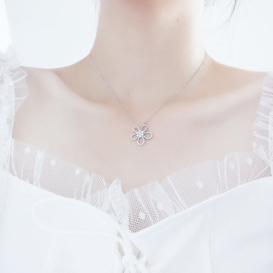 “Camellia Radiance” 925 Sterling Silver Pavé Flower Necklace