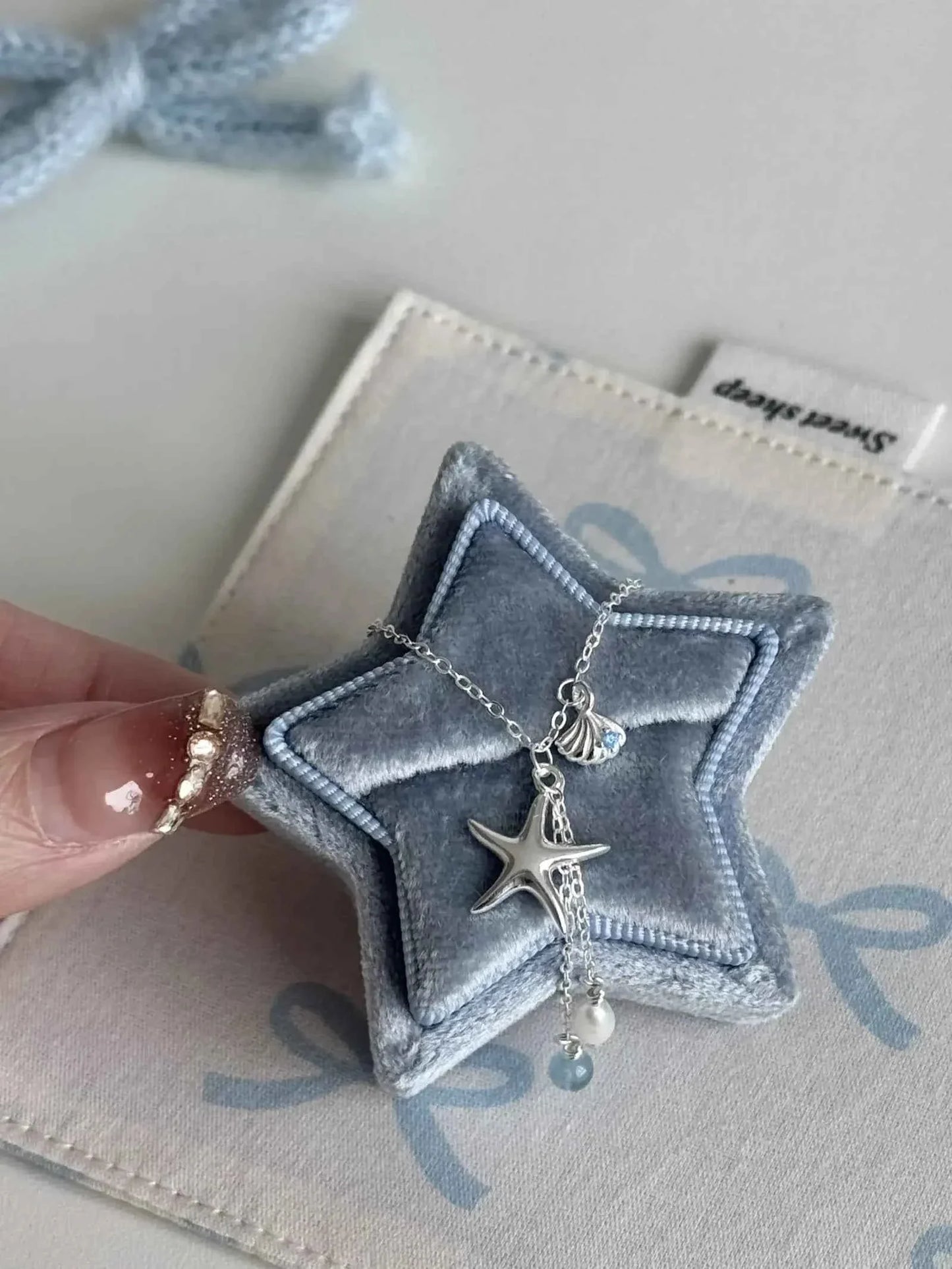 "Bubble Summer" 925 Sterling Silver Starfish, Blue Gemstone, and Pearl Necklace, Bracelet, and Earrings Set - Fresh and Elegant.