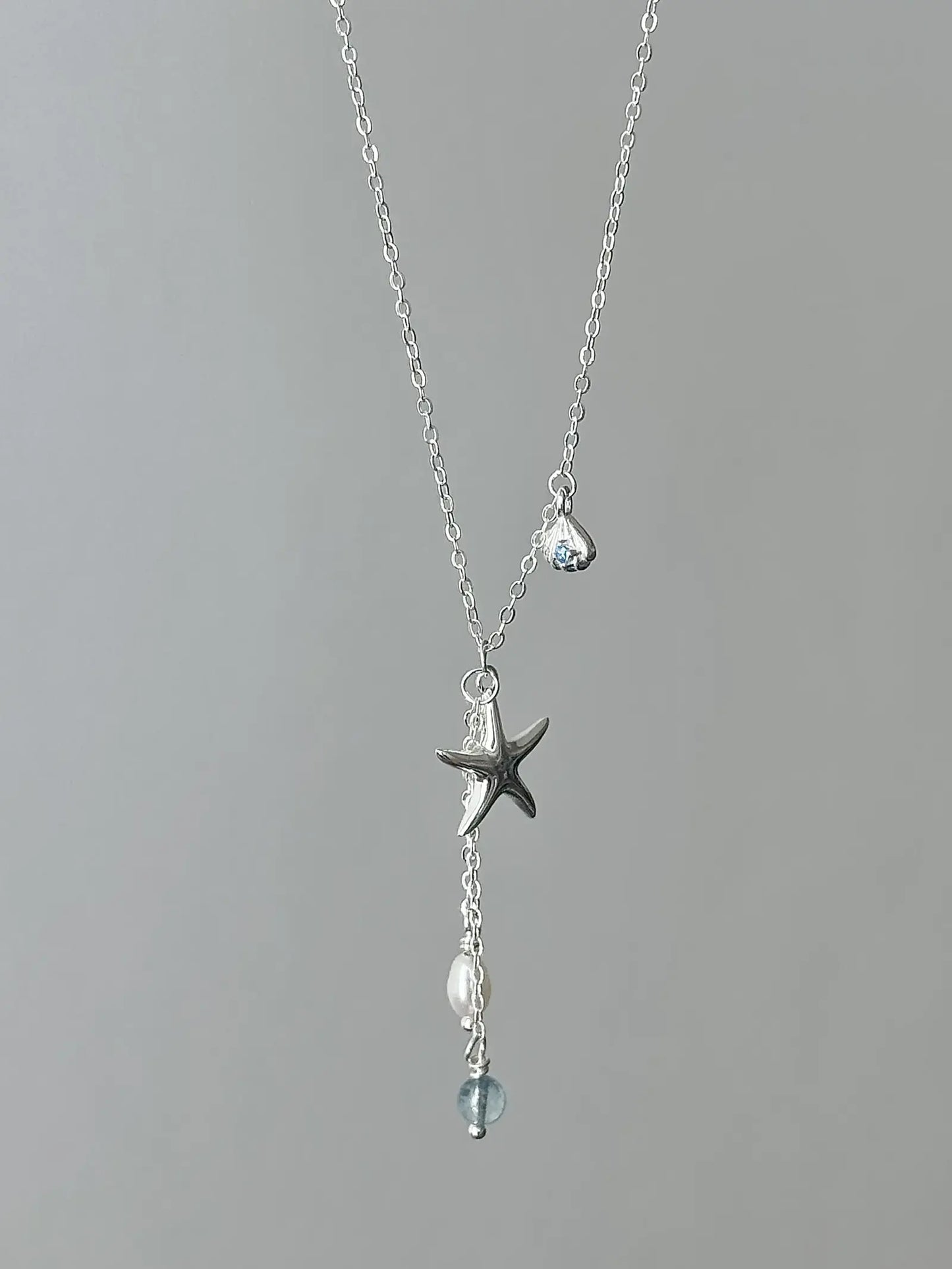 "Bubble Summer" 925 Sterling Silver Starfish, Blue Gemstone, and Pearl Necklace, Bracelet, and Earrings Set - Fresh and Elegant.