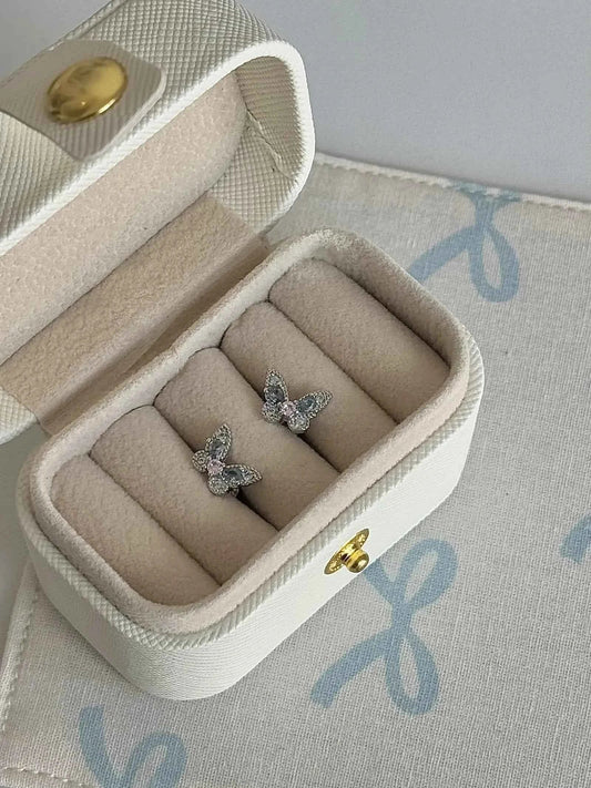 "Snow Butterfly" Blue and Pink Diamond Double-Color Butterfly Stud Earrings - Japanese Style, Delicate, and Cold Chic.