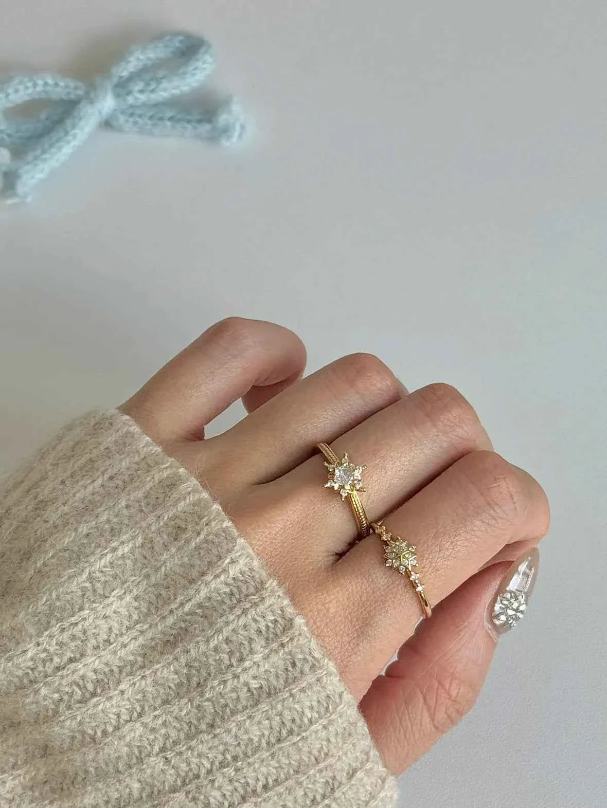 "Gilded Snowflake" 925 Sterling Silver Gold-Plated Ring with Artificial Gems - Dreamy, Luxurious, and Elegant (A Pair).