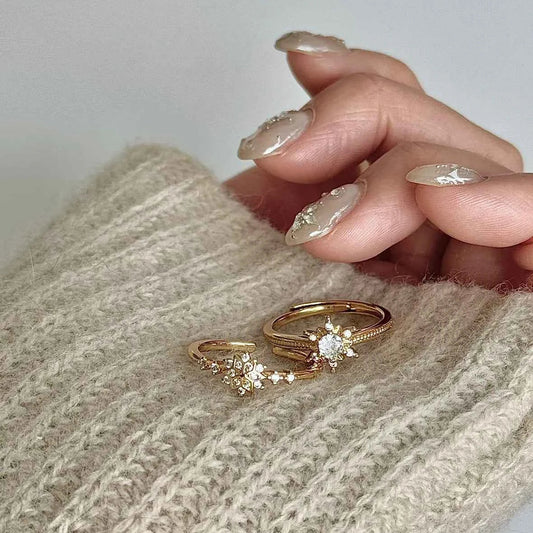 "Gilded Snowflake" 925 Sterling Silver Gold-Plated Ring with Artificial Gems - Dreamy, Luxurious, and Elegant (A Pair).