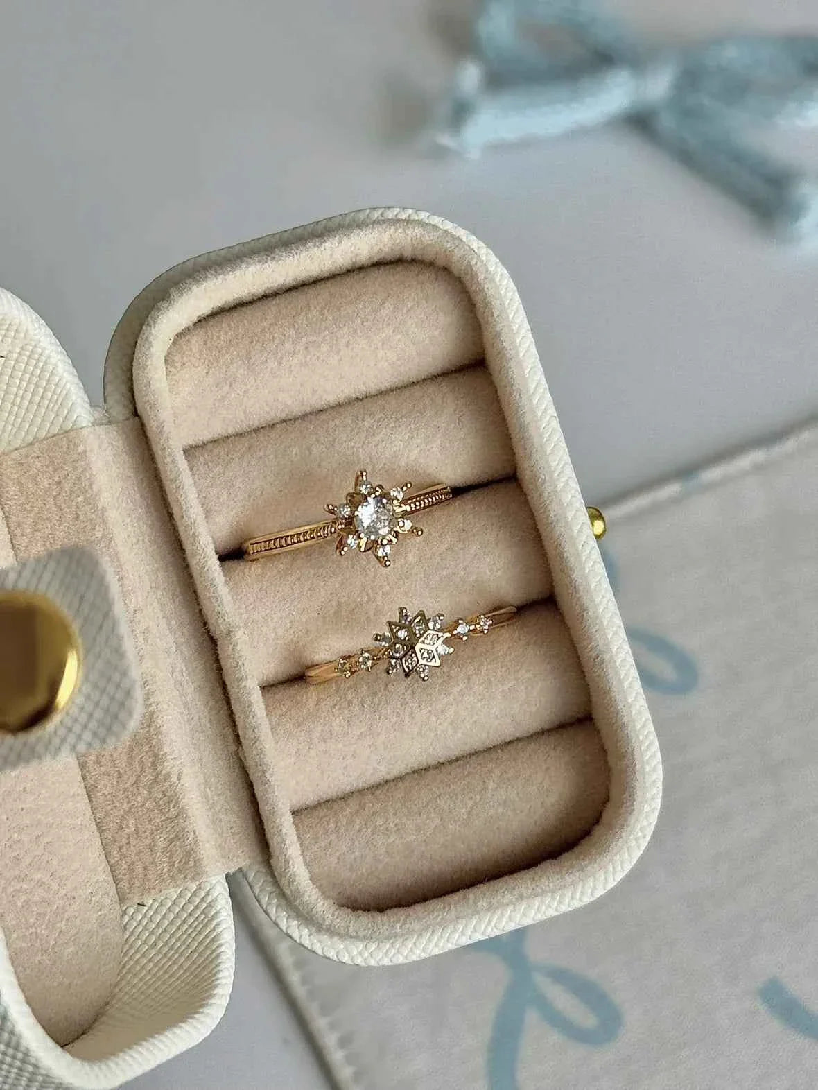 "Gilded Snowflake" 925 Sterling Silver Gold-Plated Ring with Artificial Gems - Dreamy, Luxurious, and Elegant (A Pair).