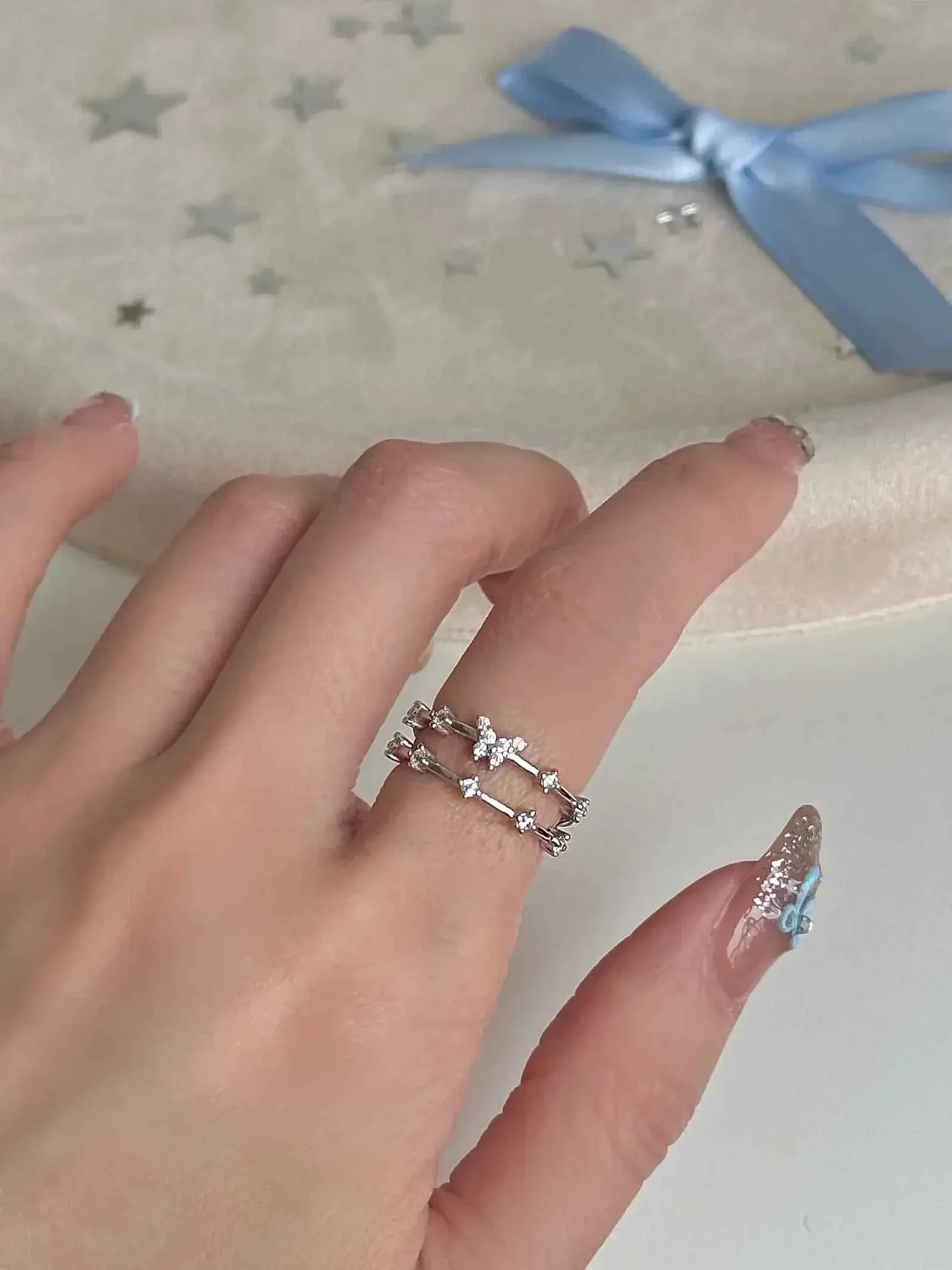 "Feather Veil" 925 Sterling Silver Double-Band Butterfly Ring with Artificial Gems - Delicate, Sparkling, and Luxe.