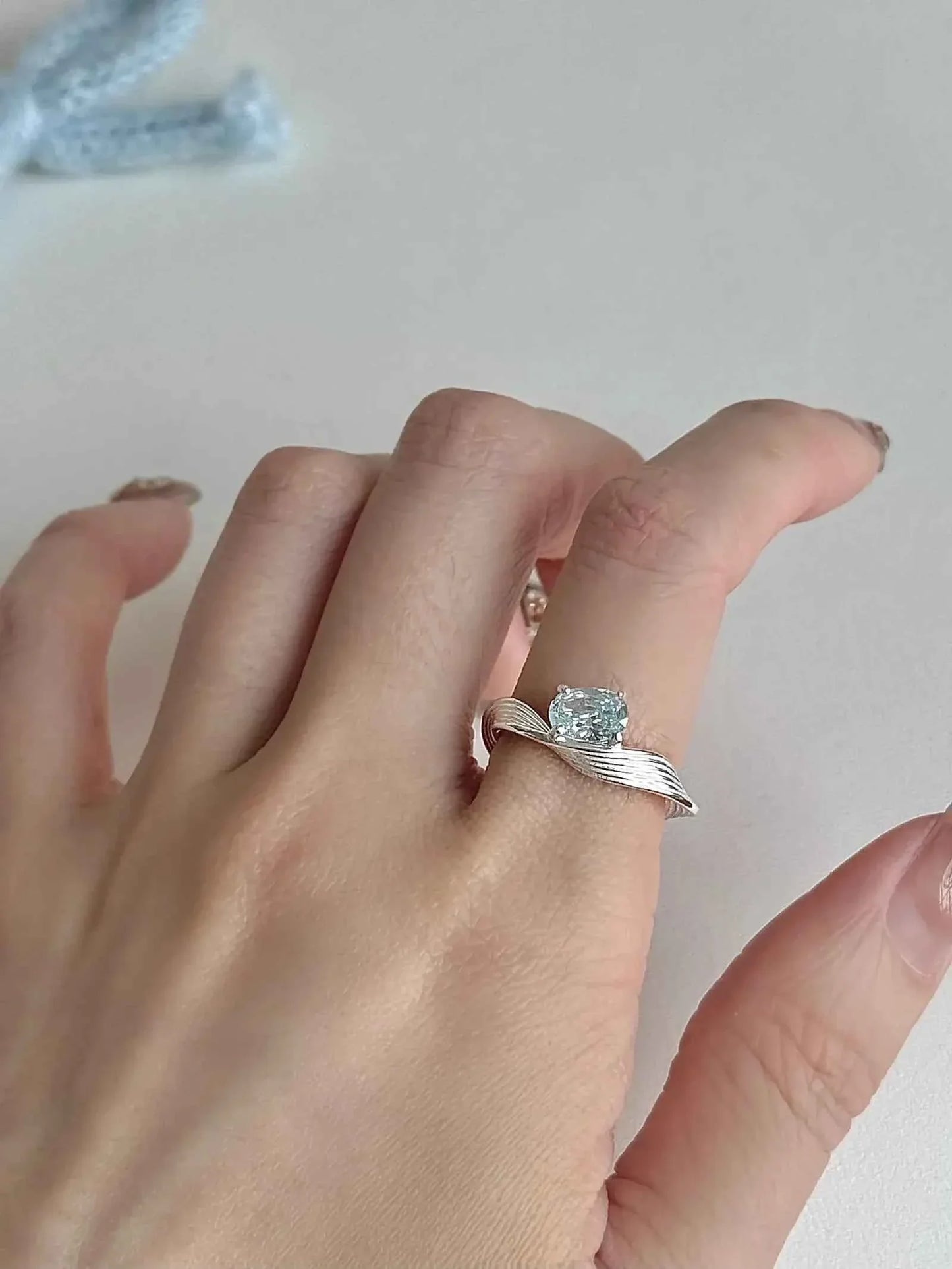 "Mercury Wave" 925 Sterling Silver Ring with Sea Blue Artificial Gems - Delicate, Luxurious, and Cool Chic.