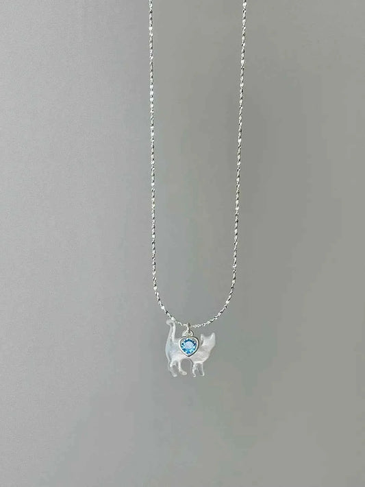 "Cloud Cat" 925 Sterling Silver Mother-of-Pearl Cat Necklace with Blue Heart Zircon - Delicate, Luxurious, and Sweet.