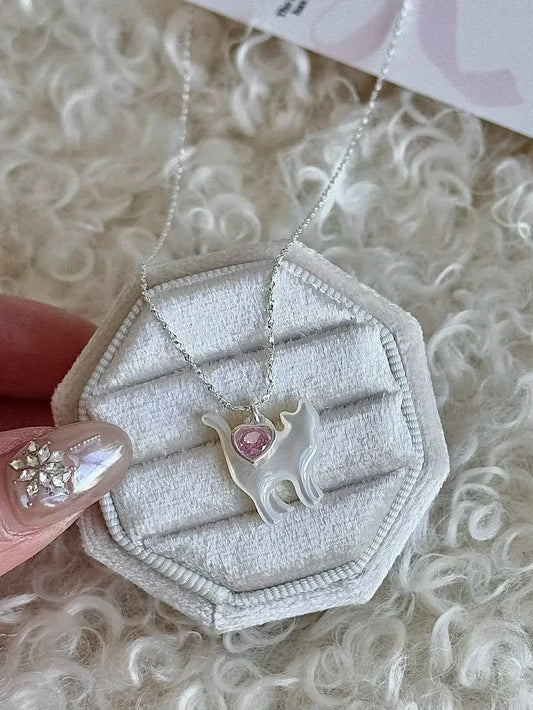 "Be Your Meow" 925 Sterling Silver Pink Heart Zircon and White Mother-of-Pearl Cat Necklace - Delicate and Elegant.
