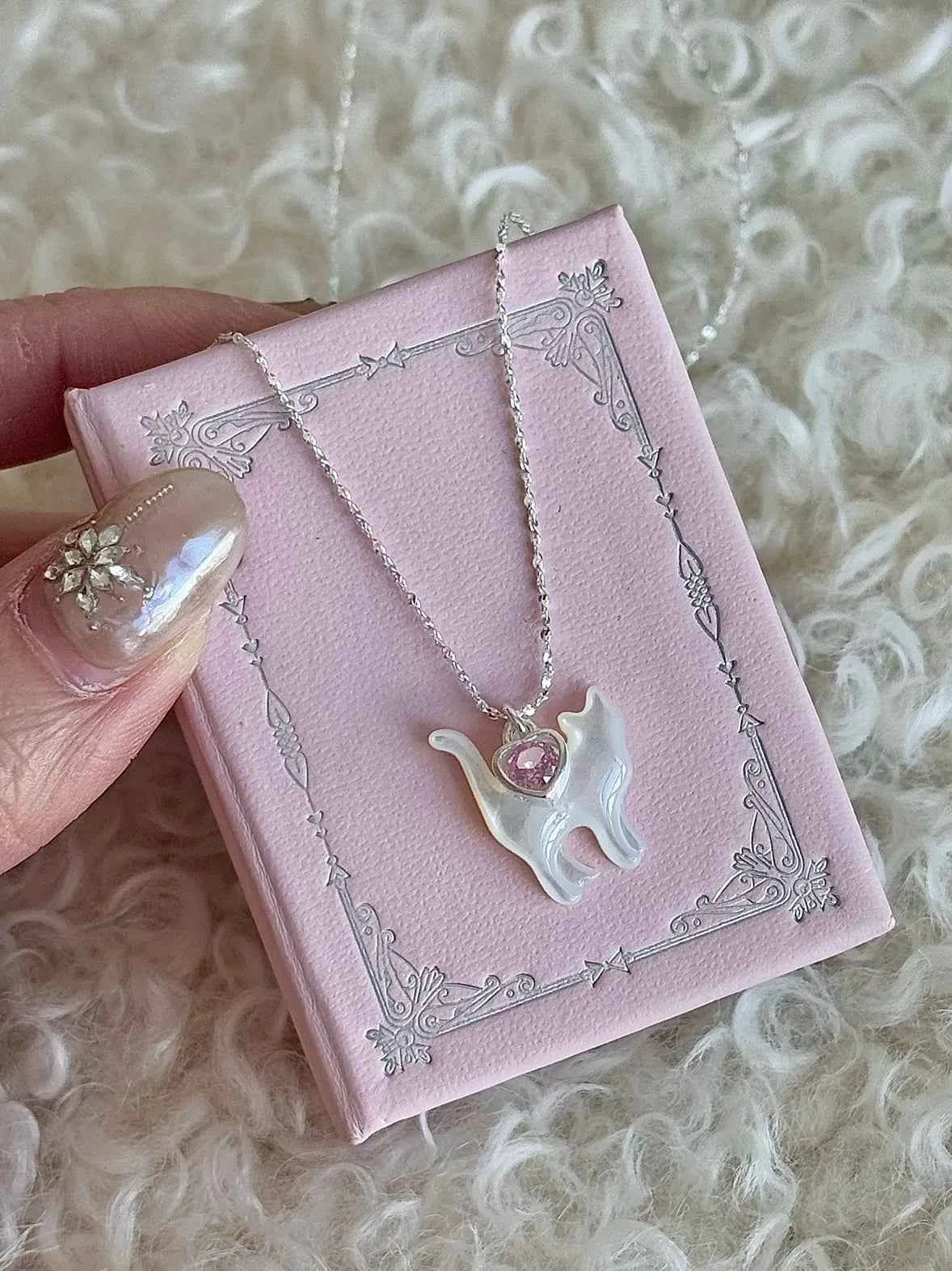 "Be Your Meow" 925 Sterling Silver Pink Heart Zircon and White Mother-of-Pearl Cat Necklace - Delicate and Elegant.