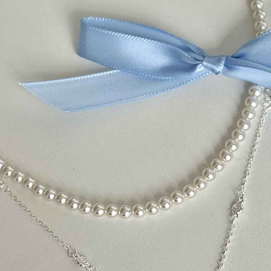 "Oil Painting Maiden" 925 Sterling Silver Cube Sugar Diamond and Pearl Vintage Layered Necklace - Low Luxury, Elegant, and Refined.