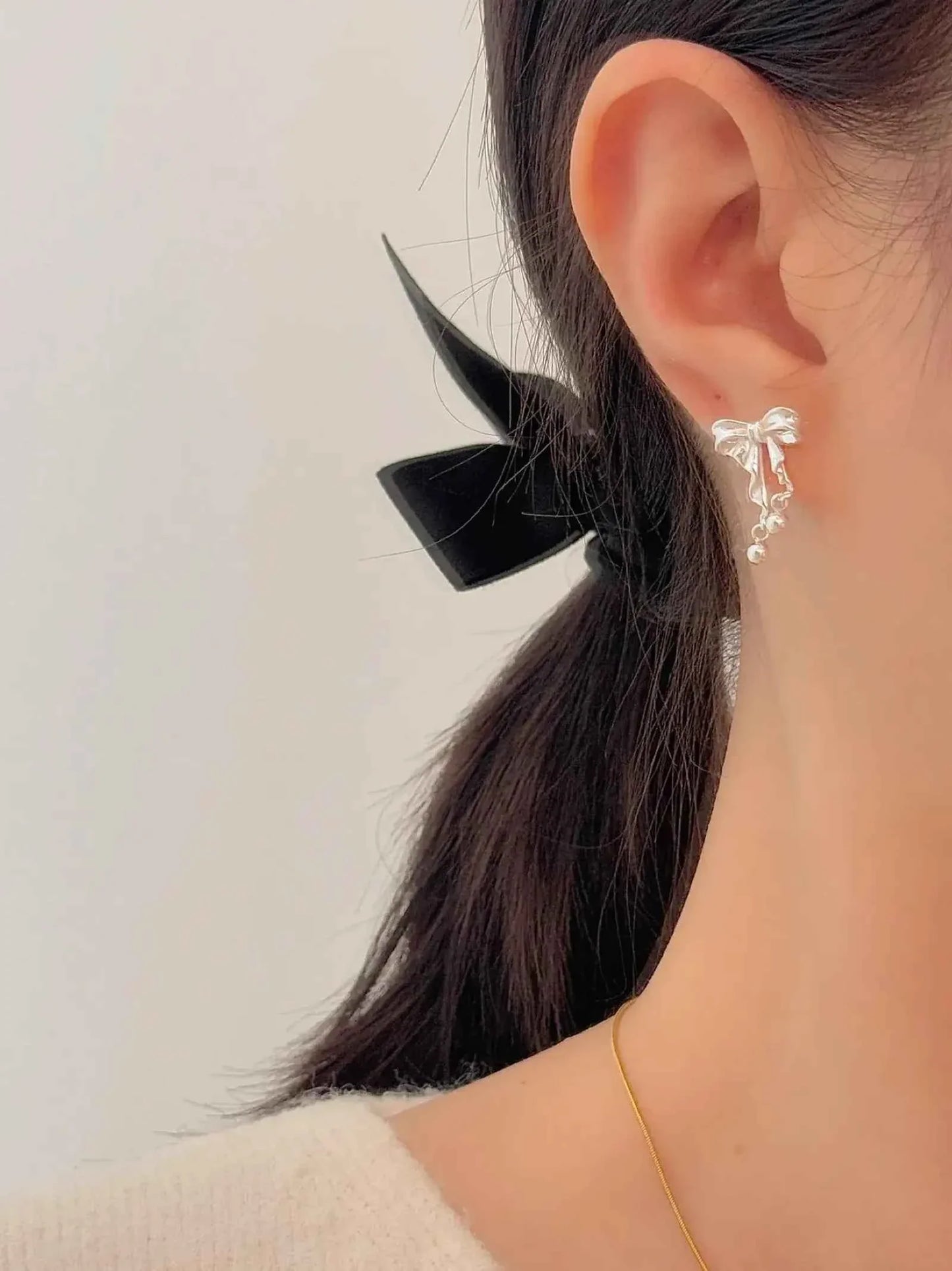 "Dancing Ballet" 999 Pure Silver 3D Bowknot and Silver Ball Stud Earrings - Elegant, Graceful, and Unique.