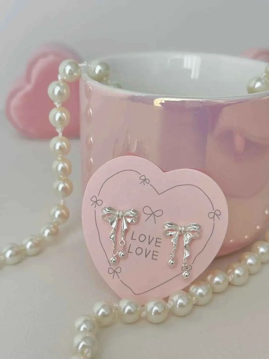 "Dancing Ballet" 999 Pure Silver 3D Bowknot and Silver Ball Stud Earrings - Elegant, Graceful, and Unique.