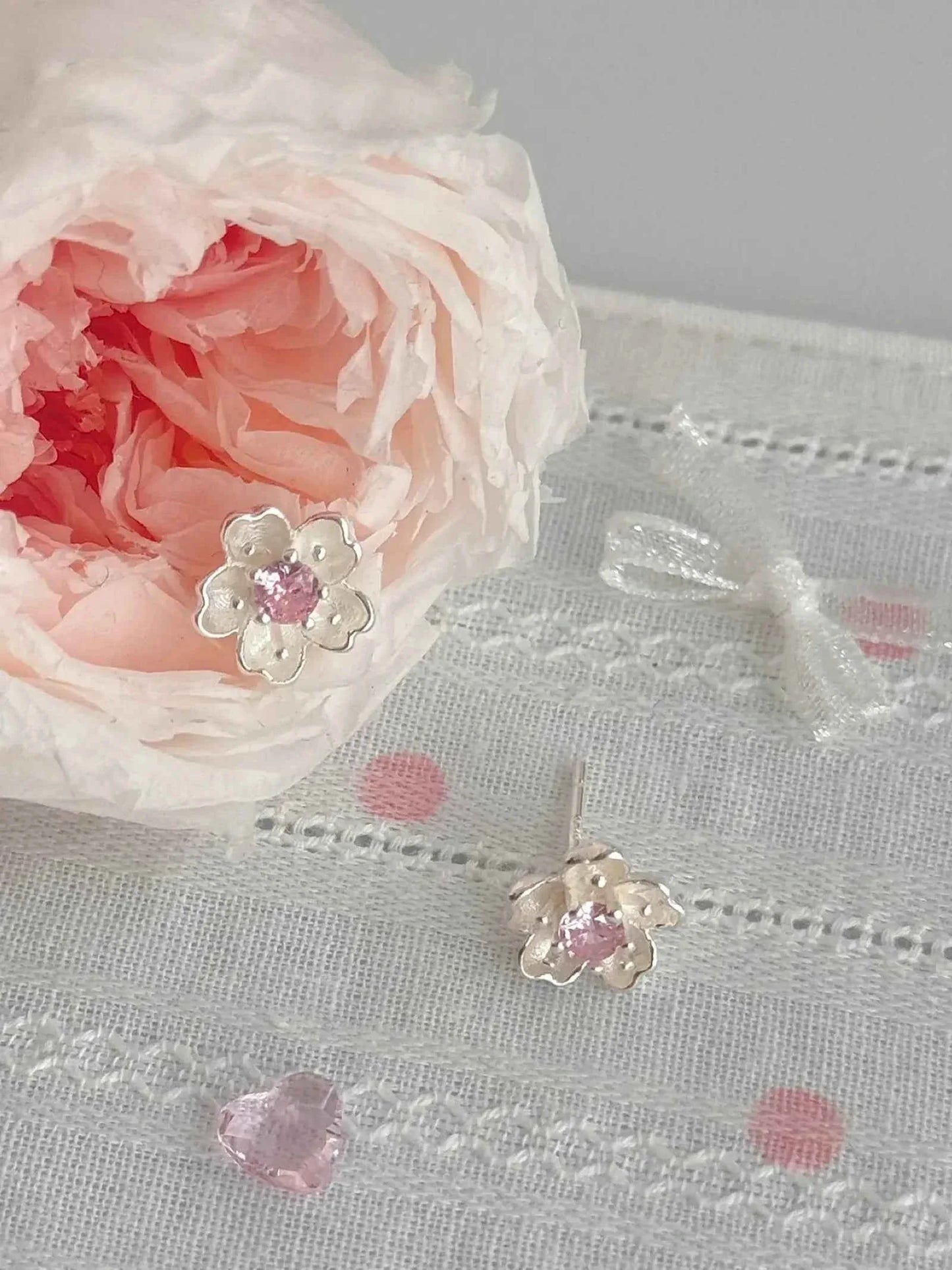 "Cherry Blossom Delight" 999 Pure Silver Sakura Stud Earrings with Artificial Gems - Elegant, Delicate, and Unique.
