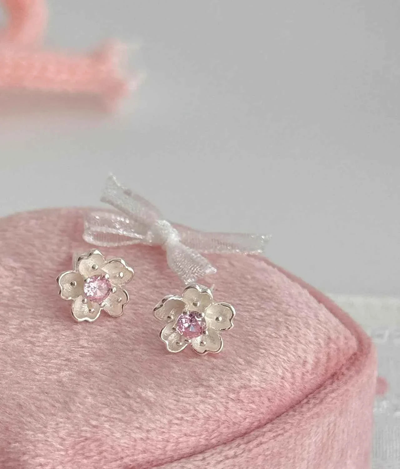 "Cherry Blossom Delight" 999 Pure Silver Sakura Stud Earrings with Artificial Gems - Elegant, Delicate, and Unique.