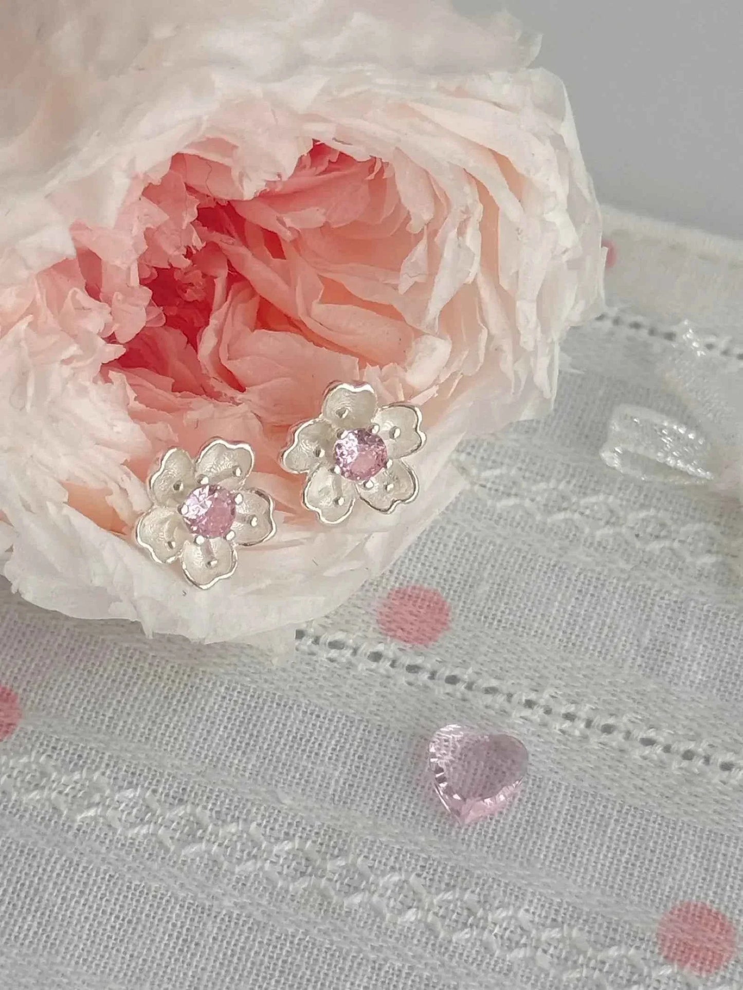 "Cherry Blossom Delight" 999 Pure Silver Sakura Stud Earrings with Artificial Gems - Elegant, Delicate, and Unique.