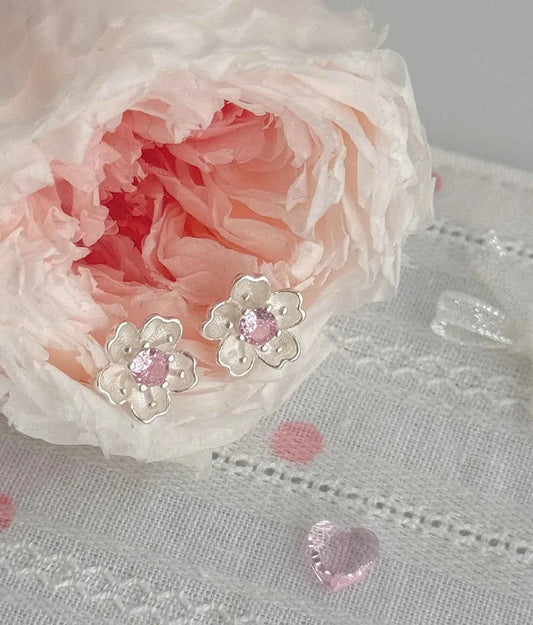 "Cherry Blossom Delight" 999 Pure Silver Sakura Stud Earrings with Artificial Gems - Elegant, Delicate, and Unique.