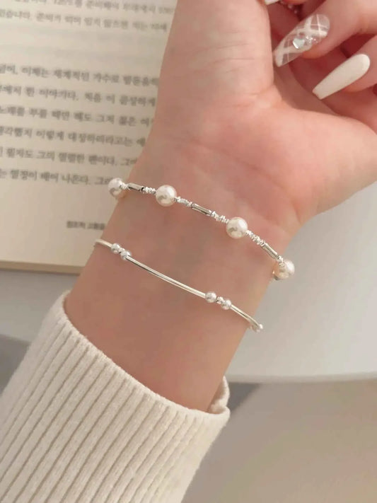 "Bamboo Bubble" 925 Sterling Silver Bamboo and Pearl Bracelet - Delicate, Elegant, and Versatile.