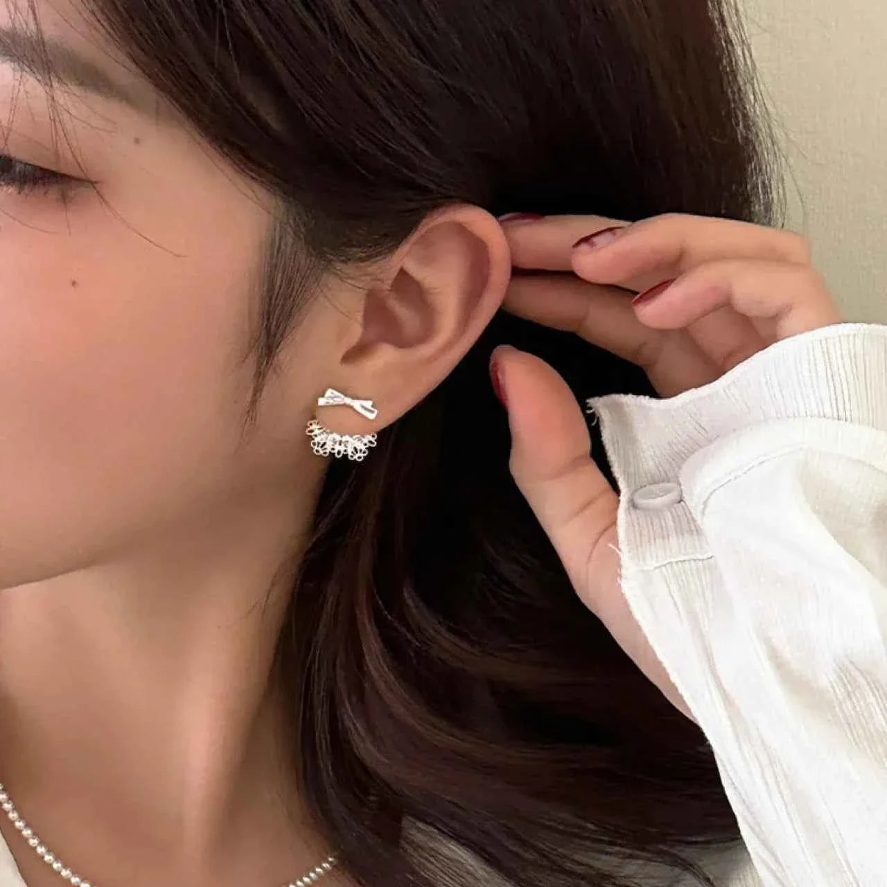 "Lace Dress Bow" 925 Sterling Silver Earrings - Sweet, Delicate, and Full of Romance