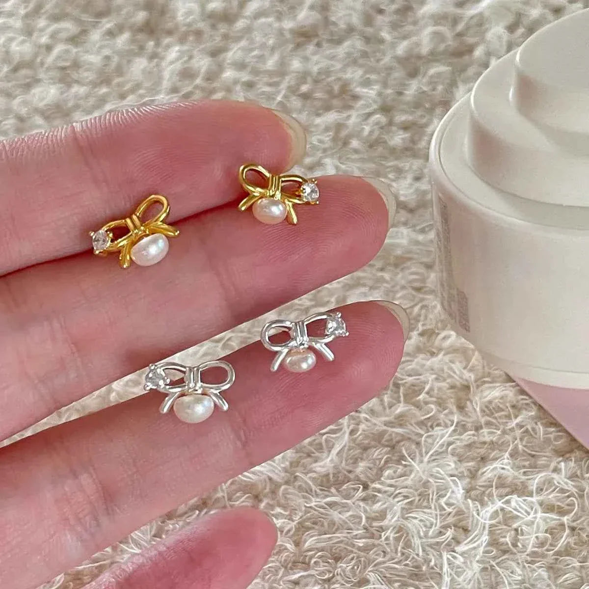 "Mini Bow Pearl" 925 Sterling Silver Stud Earrings - Sweet, Elegant, and Delicate