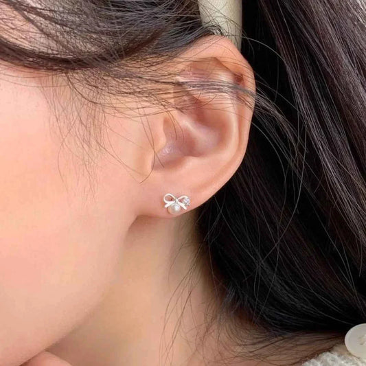 "Mini Bow Pearl" 925 Sterling Silver Stud Earrings - Sweet, Elegant, and Delicate
