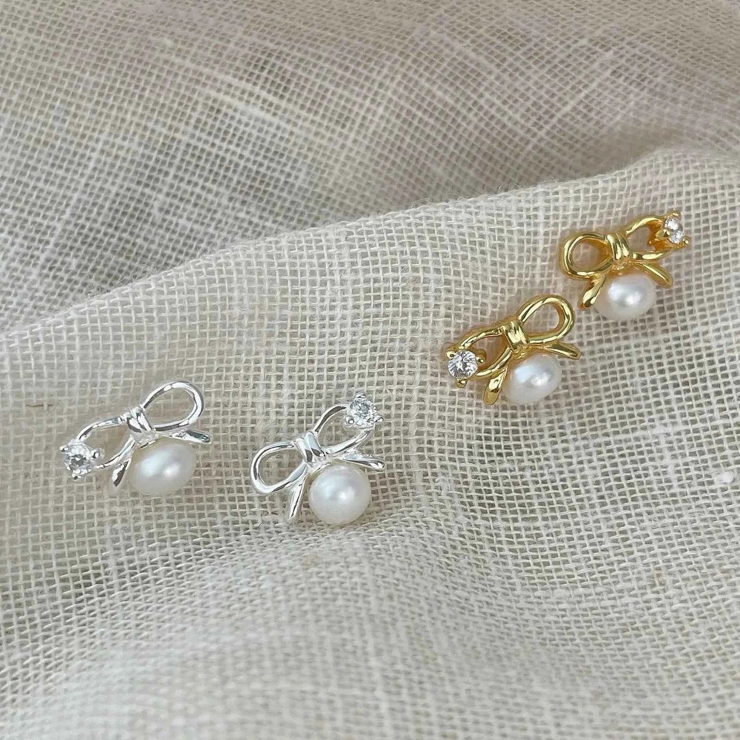 "Mini Bow Pearl" 925 Sterling Silver Stud Earrings - Sweet, Elegant, and Delicate