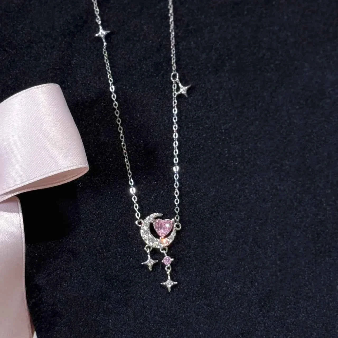 "Romantic Star River" 925 Sterling Silver Heart, Moon, and Star Necklace - Dreamy and Elegant