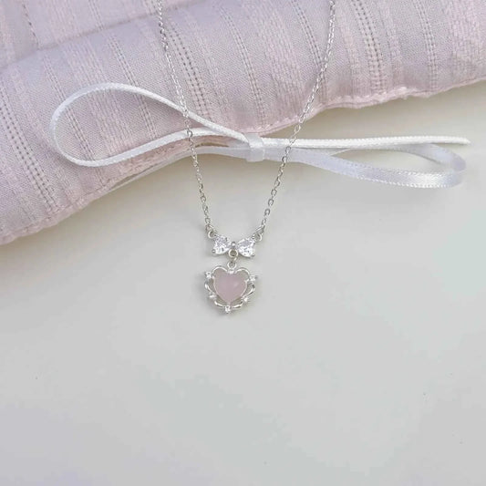 "Heart Bow" 925 Sterling Silver Necklace with Pink Natural Crystal and 5A Zircon - Delicate and Unique