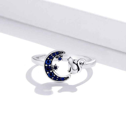 “Rose Moon Kitty” S925 Sterling Silver Crescent Cat Open Ring
