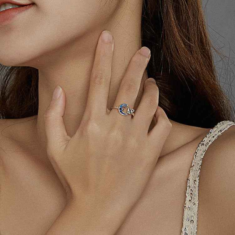 “Rose Moon Kitty” S925 Sterling Silver Crescent Cat Open Ring