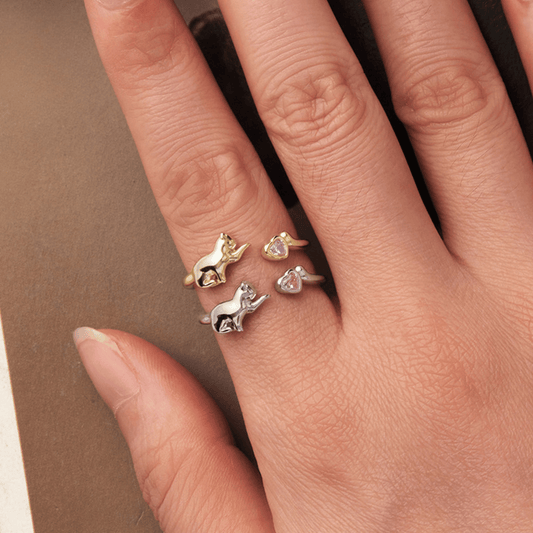 "Playful Kitty" 925 Sterling Silver Open Ring – Gold & Silver, Pink Zircon Heart