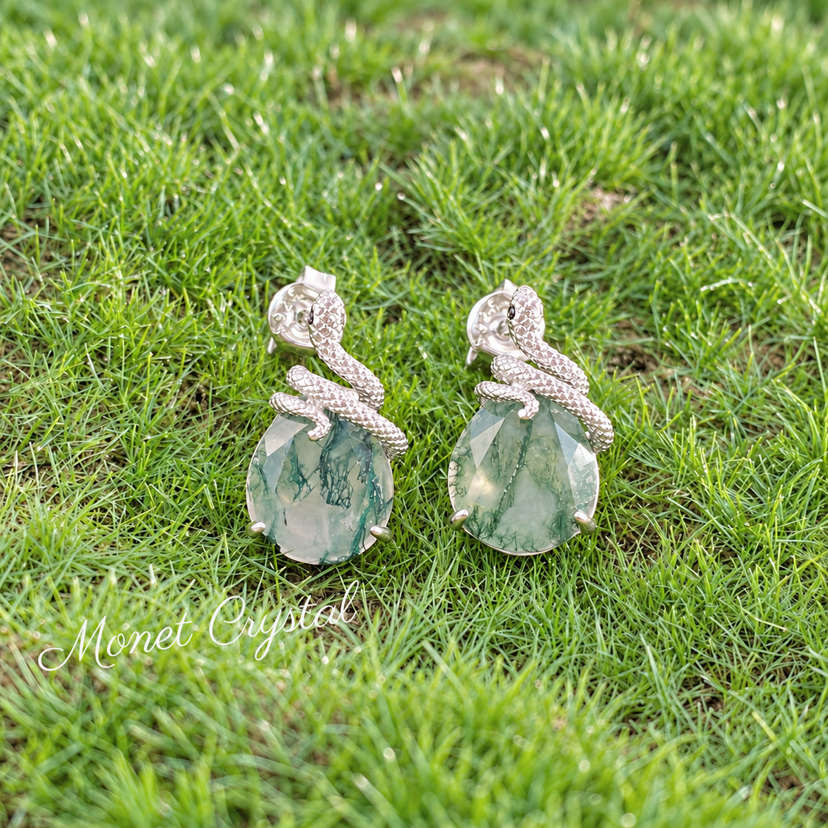 “Serpent Veil” White Gold Plated S925 Sterling Silver Moss Agate Necklace & Earrings Set