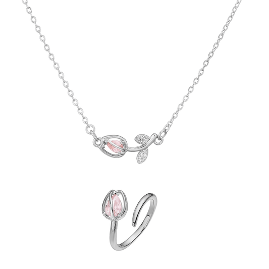 Tulip Éclat Brass Genuine Gold-Plated 3A Zircon Floral Necklace & Ring Set