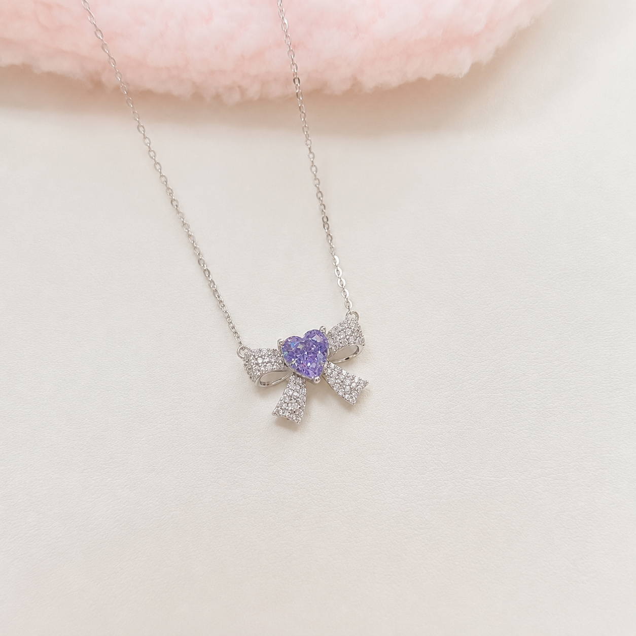 “Lilac Bow Éclat” S925 Sterling Silver Ice-Cut Heart Bow Necklace