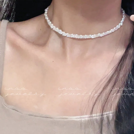 Sparkling Pearl 925 Silver-Plated Choker Necklace- White, Handmade
