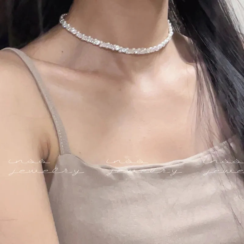 Sparkling Pearl 925 Silver-Plated Choker Necklace- White, Handmade