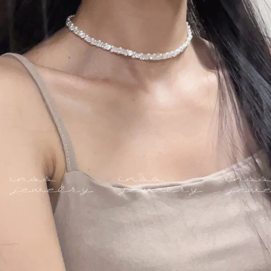 Sparkling Pearl 925 Silver-Plated Choker Necklace- White, Handmade