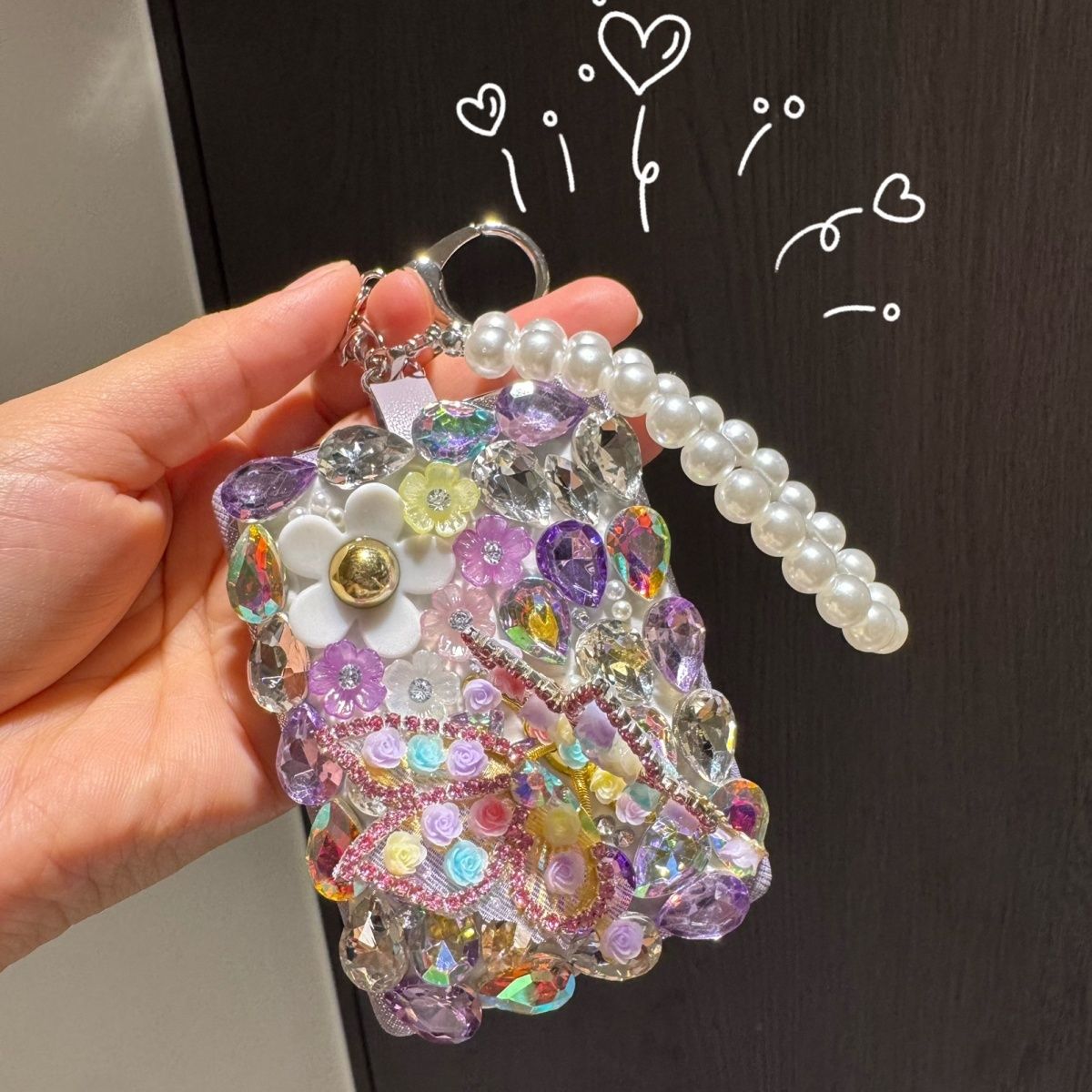Crystal Butterfly Heart Compact Mirror Keychain & Bag Charm
