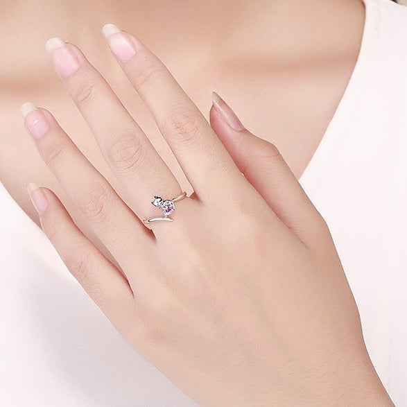 “Blush Kitty” S925 Sterling Silver Pink Heart Cat Open Adjustable Ring