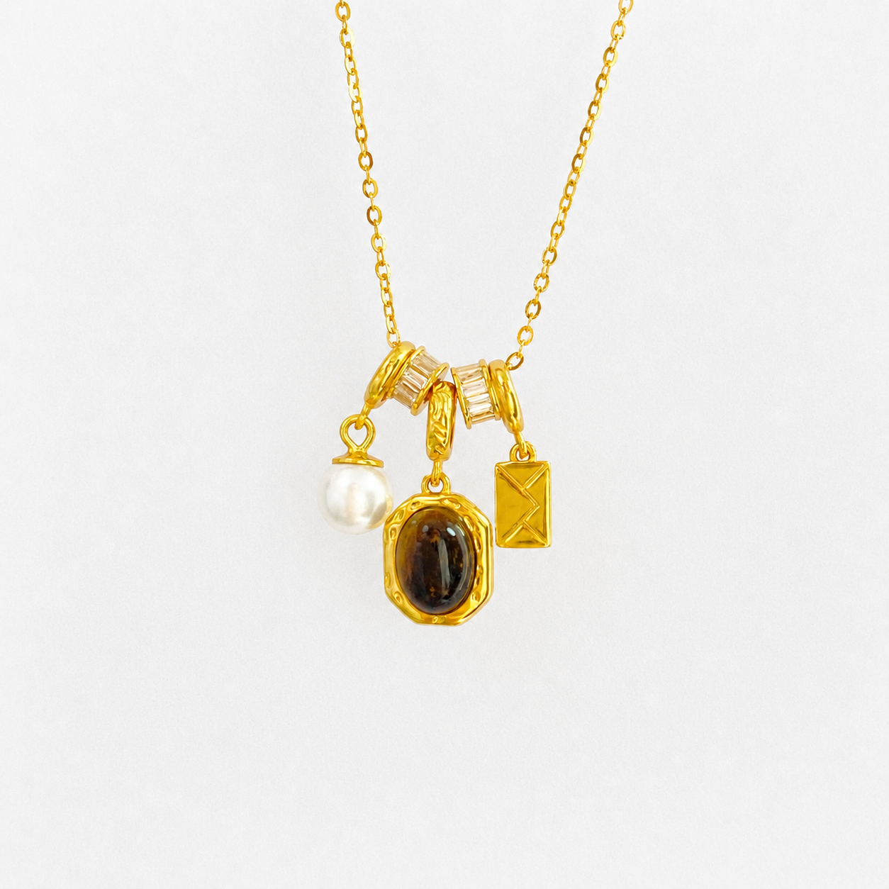 “Amber Letter” S925 Sterling Silver Tiger’s Eye & Pearl Charm Necklace