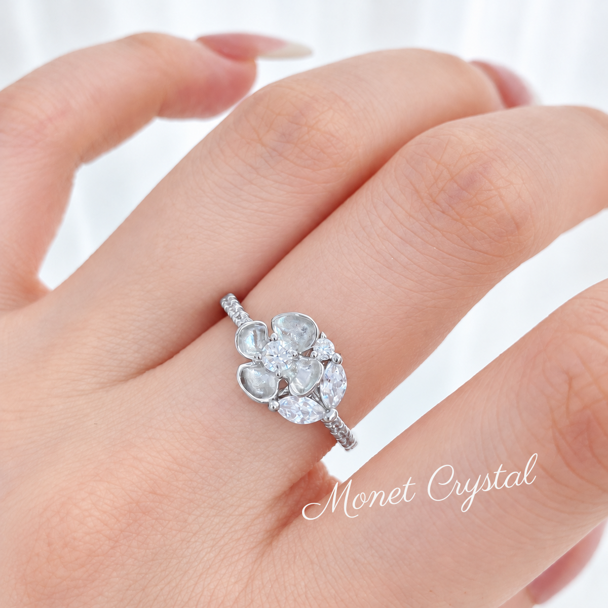 “April Letter” S925 Sterling Silver Zircon Clover Necklace & Ring Set