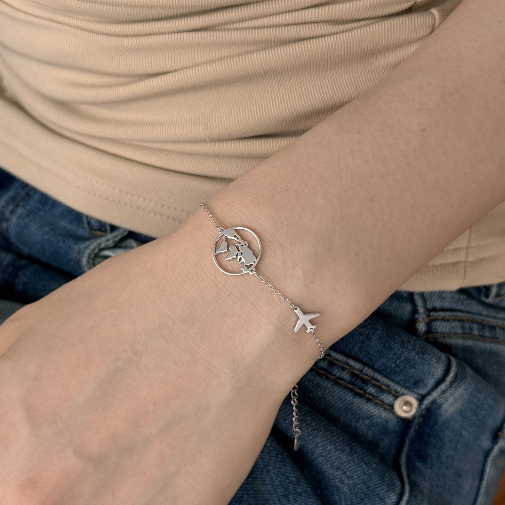 “Around the World” · S925 Sterling Silver Travel Bracelet|Globe & Airplane Design