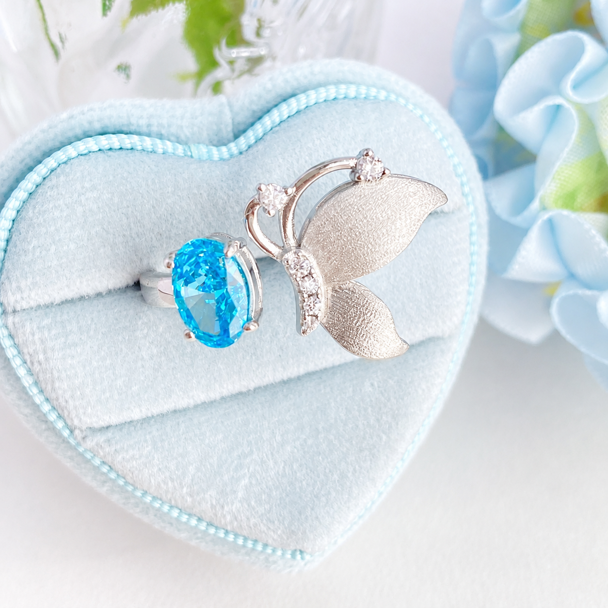 “Azure Flutter” S925 Sterling Silver Blue Butterfly Ring & Necklace Set