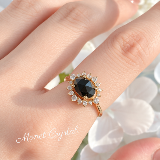 “Black Bloom” 10K Gold Plated S925 Sterling Silver Black Agate Adjustable Ring