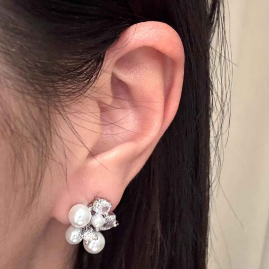 "Blooming Bouquet" Pearl Stud Earrings – S925 Sterling Silver with Cubic Zirconia